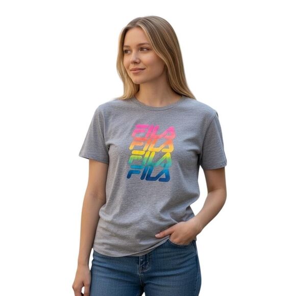 FILA Shirt Womens Large Heather Gray Rainbow Gradient Logo Graphic Tee T-Shirt - Picture 1 of 12